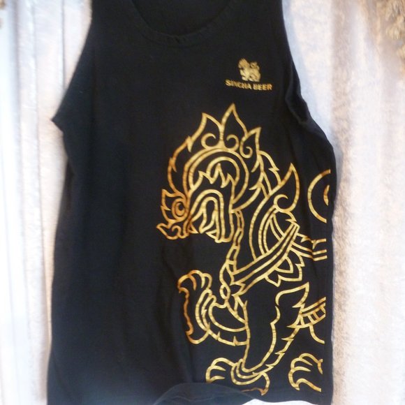 Singha Beer Lion Logo Tank Top / Black vintage looking finish Sz S - Picture 2 of 6